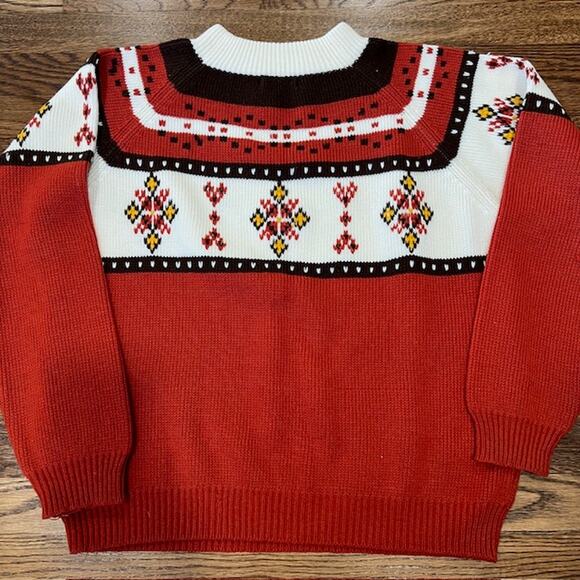 VTG 70s Nordic Fair Isle Knit Sweater Unisex M Retro Burnt Orange Cottagecore - Picture 2 of 8